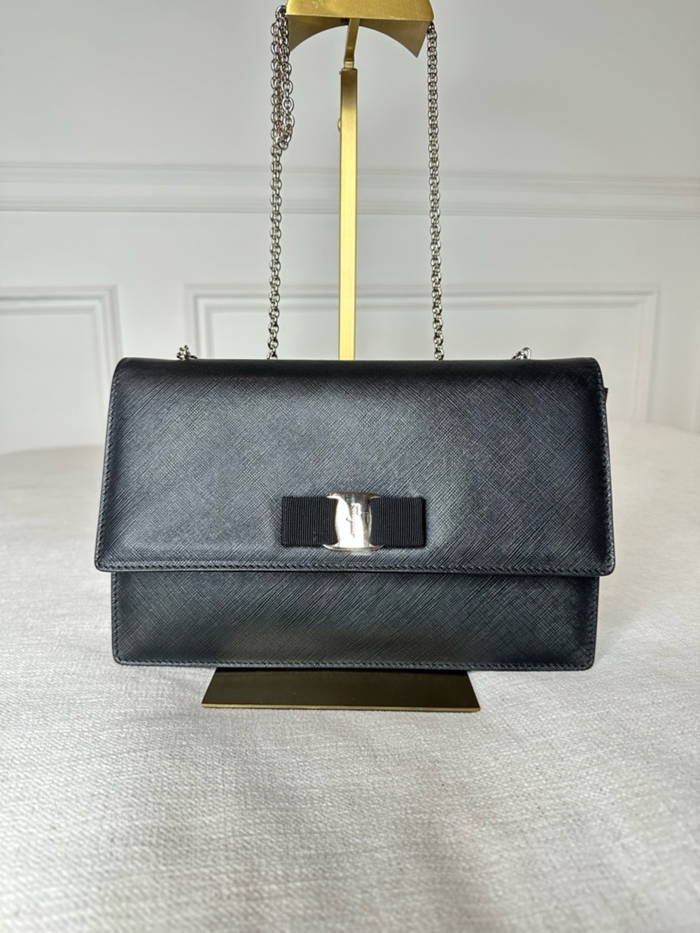 Salvatore Ferragamo Black Leather Vara Bow Crossbody with Silver Chain